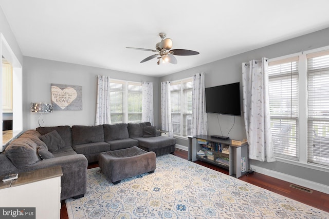 124 Willow Grove Mill Dr, Middletown, DE 19709 - living room featuring ceiling fan, wood finished floors, and baseboards
