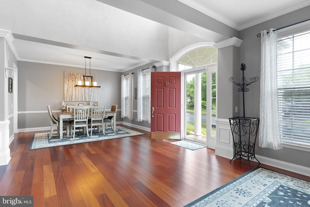 124 Willow Grove Mill Dr, Middletown, DE 19709 - entrance foyer featuring hardwood / wood-style flooring, a chandelier, ornamental molding, baseboards, and decorative columns