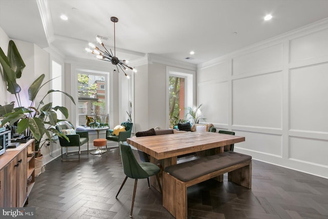 1775 Church St NW Unit 8, Washington, DC 20036 - dining room featuring a decorative wall, a chandelier, healthy amount of natural light, crown molding, and recessed lighting