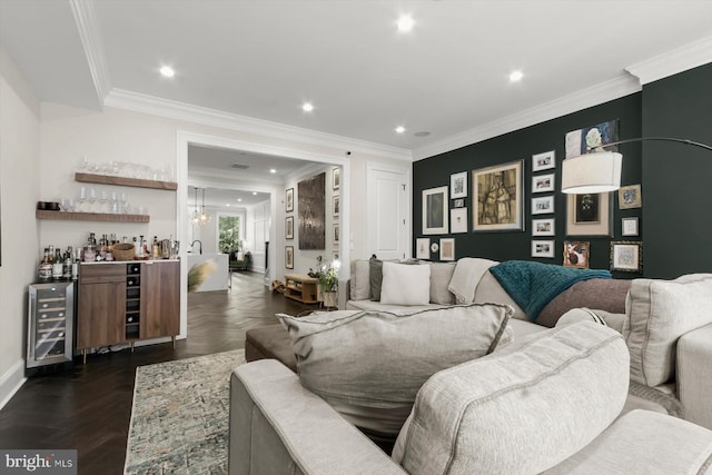 1775 Church St NW Unit 8, Washington, DC 20036 - living room featuring bar area, wine cooler, ornamental molding, recessed lighting, and baseboards