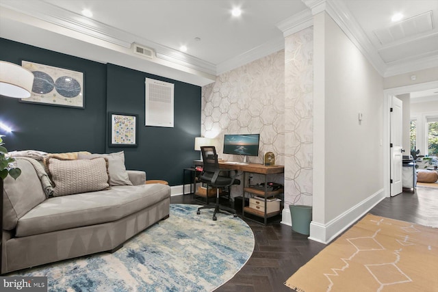 1775 Church St NW Unit 8, Washington, DC 20036 - living room with baseboards, an accent wall, ornamental molding, an office area, and recessed lighting