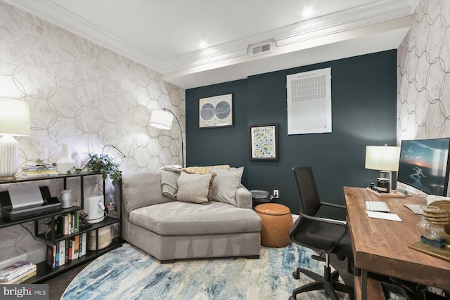 1775 Church St NW Unit 8, Washington, DC 20036 - office featuring wallpapered walls, ornamental molding, an accent wall, and baseboards