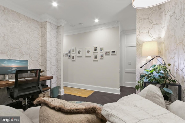 1775 Church St NW Unit 8, Washington, DC 20036 - living area featuring wallpapered walls, baseboards, crown molding, recessed lighting, and an office area