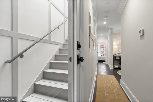 1775 Church St NW Unit 8, Washington, DC 20036 - staircase featuring crown molding, baseboards, wood finished floors, and recessed lighting