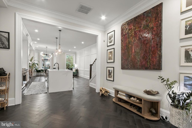 1775 Church St NW Unit 8, Washington, DC 20036 - hall featuring stairs, baseboards, ornamental molding, recessed lighting, and a sink
