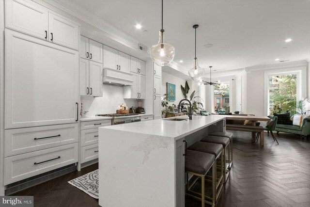1775 Church St NW Unit 8, Washington, DC 20036 - kitchen featuring exhaust hood, ornamental molding, a sink, recessed lighting, and white cabinets