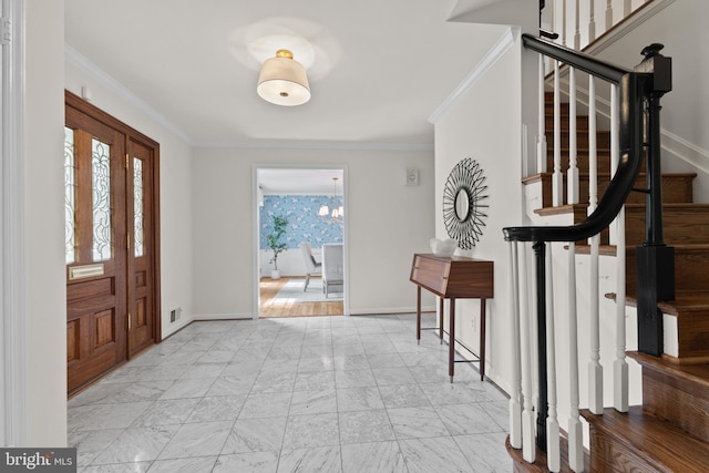 3713 Templeton Pl, Alexandria, VA 22304 - entryway with stairway, marble look tile flooring, ornamental molding, and baseboards