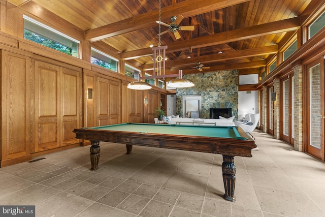 3713 Templeton Pl, Alexandria, VA 22304 - recreation room featuring ceiling fan, pool table, wooden ceiling with exposed beams, a stone fireplace, and high vaulted ceiling