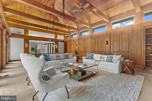 3713 Templeton Pl, Alexandria, VA 22304 - living area with a ceiling fan, wood ceiling with exposed beams, wooden walls, and a high ceiling
