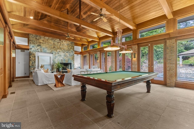 3713 Templeton Pl, Alexandria, VA 22304 - playroom with french doors, wood ceiling with exposed beams, a ceiling fan, billiards table, and a fireplace