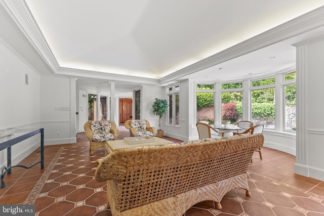 3713 Templeton Pl, Alexandria, VA 22304 - living room featuring tile patterned flooring, a raised ceiling, baseboards, and inlaid floor details