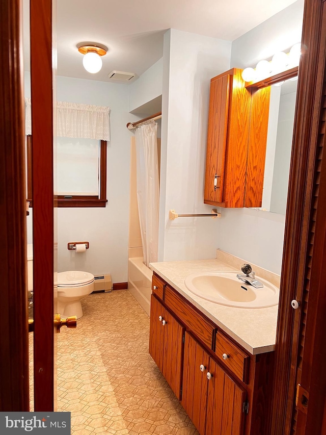 288 River Rd, Beach Lake, PA 18405 - bathroom featuring a baseboard radiator, toilet, vanity, and shower / tub combo