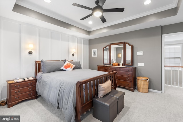 48 Avalon Ct Unit 2301, Doylestown, PA 18901 - bedroom with crown molding, light carpet, a tray ceiling, recessed lighting, and ceiling fan