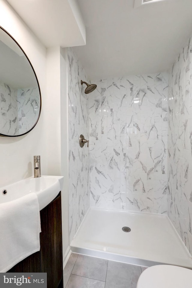 515 Devon Rd, Havertown, PA 19083 - bathroom with vanity, a walk in shower, toilet, and tile patterned flooring