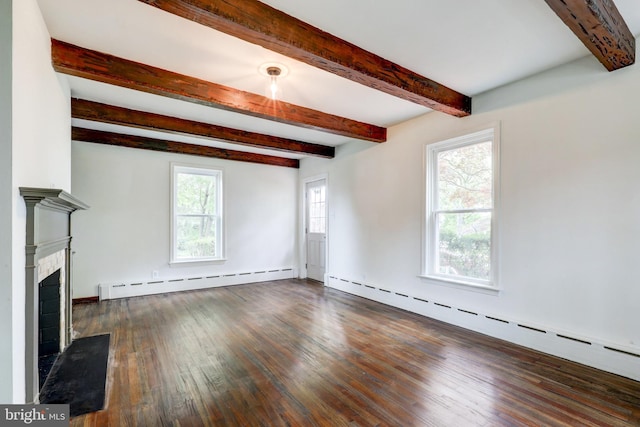 515 Devon Rd, Havertown, PA 19083 - unfurnished living room with a baseboard heating unit, dark wood-type flooring, beamed ceiling, and a premium fireplace