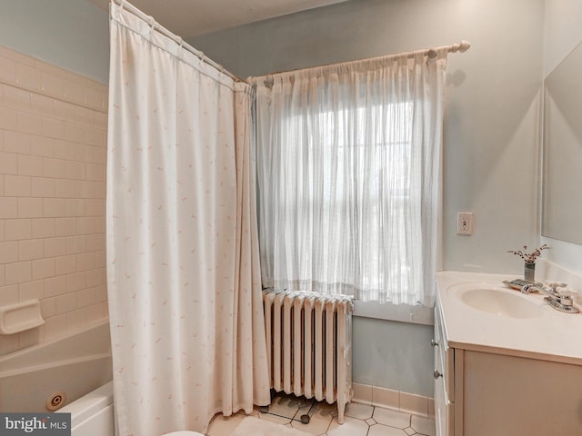 326 Saint Dunstans Rd, Baltimore, MD 21212 - bathroom featuring radiator, vanity, shower / bath combination with curtain, and tile patterned flooring