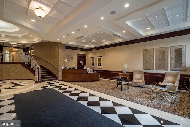 1391 Pennsylvania Ave SE Unit 471, Washington, DC 20003 - building lobby with recessed lighting, coffered ceiling, stairs, a decorative wall, and wainscoting