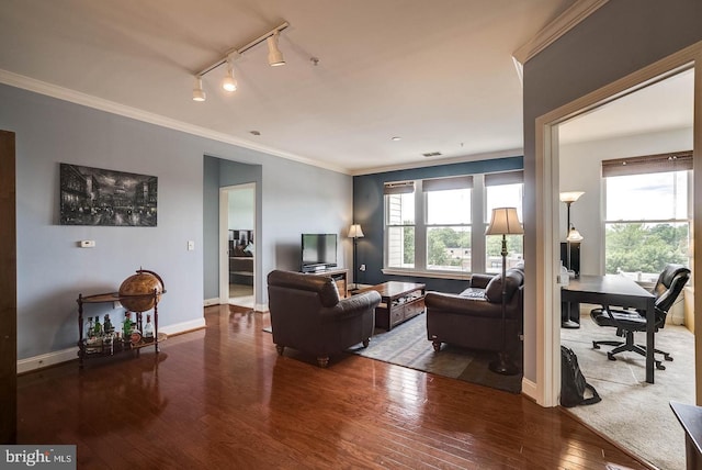 1391 Pennsylvania Ave SE Unit 471, Washington, DC 20003 - living room featuring hardwood / wood-style flooring, ornamental molding, a desk, track lighting, and baseboards