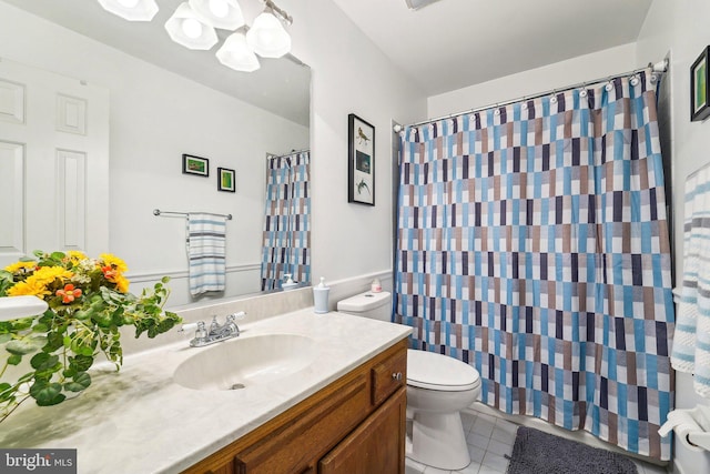 4270 Deborah Ct, Mount Airy, MD 21771 - full bathroom featuring toilet, vanity, tile patterned floors, a chandelier, and curtained shower