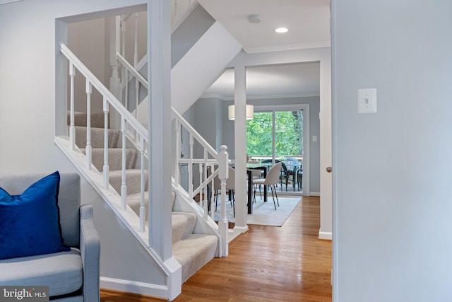 6600 Rockleigh Way, Alexandria, VA 22315 - stairway featuring wood finished floors, ornamental molding, baseboards, and recessed lighting