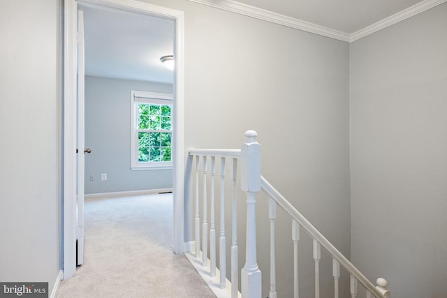 6600 Rockleigh Way, Alexandria, VA 22315 - hallway with an upstairs landing, carpet floors, ornamental molding, and baseboards