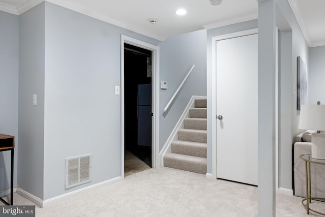 6600 Rockleigh Way, Alexandria, VA 22315 - below grade area featuring carpet floors, ornamental molding, stairway, baseboards, and recessed lighting