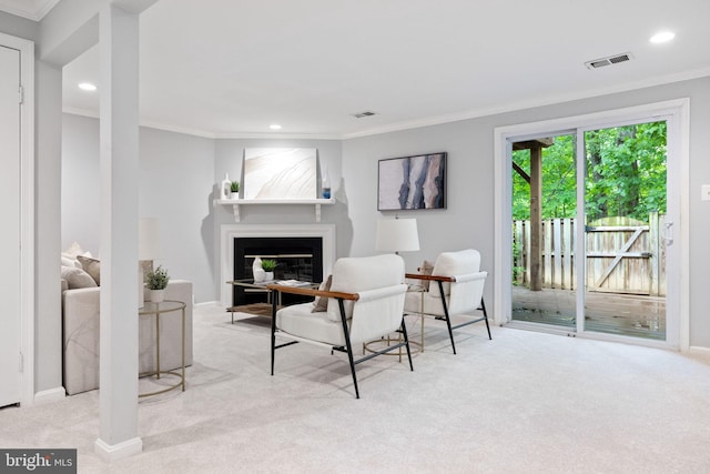 6600 Rockleigh Way, Alexandria, VA 22315 - carpeted living area with crown molding, a glass covered fireplace, recessed lighting, and baseboards
