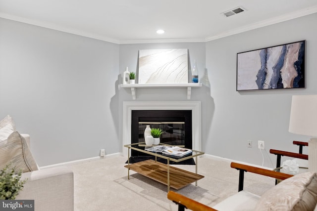 6600 Rockleigh Way, Alexandria, VA 22315 - carpeted living area with ornamental molding, recessed lighting, a glass covered fireplace, and baseboards
