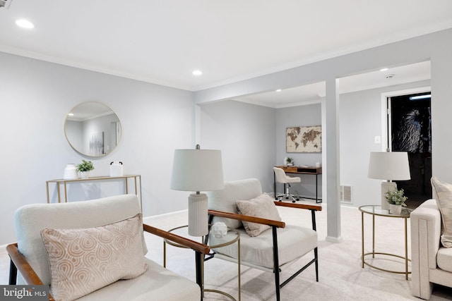 6600 Rockleigh Way, Alexandria, VA 22315 - living area featuring recessed lighting, light carpet, crown molding, and baseboards