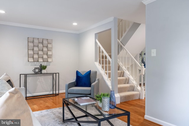 6600 Rockleigh Way, Alexandria, VA 22315 - living room with stairs, crown molding, wood finished floors, recessed lighting, and baseboards