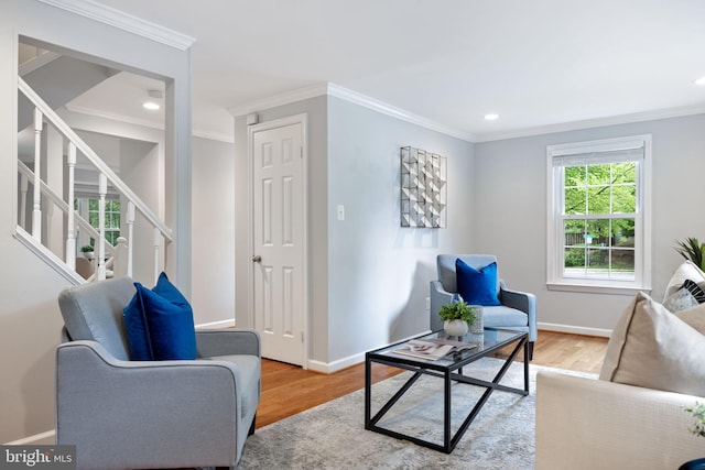 6600 Rockleigh Way, Alexandria, VA 22315 - living area with wood finished floors, baseboards, ornamental molding, stairway, and recessed lighting