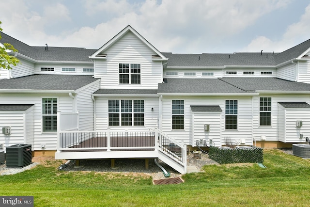45 Lavender Dr, Yardley, PA 19067 - back of house with central AC unit, a wooden deck, and a lawn