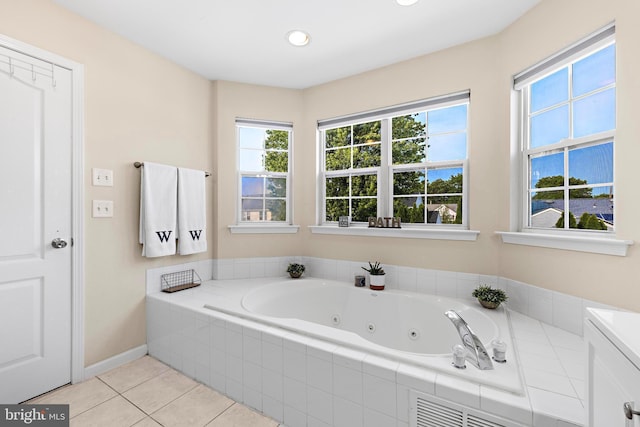 121 Gaff Rd, Manahawkin, NJ 08050 - bathroom featuring a jetted tub, tile patterned flooring, recessed lighting, and vanity