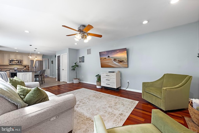 202 Prancer Rd, Egg Harbor Township, NJ 08234 - living room featuring baseboards, recessed lighting, ceiling fan, and dark wood finished floors