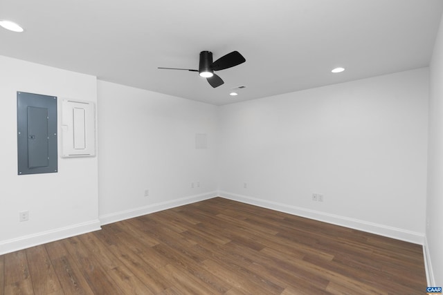 329 Carrsbrook Dr, Charlottesville, VA 22901 - spare room featuring electric panel, a ceiling fan, baseboards, dark wood-style flooring, and recessed lighting