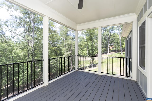 329 Carrsbrook Dr, Charlottesville, VA 22901 - wooden deck featuring view of wooded area and a ceiling fan
