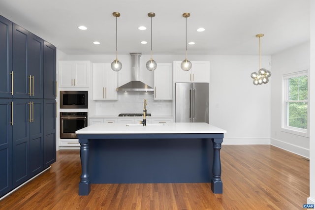 329 Carrsbrook Dr, Charlottesville, VA 22901 - kitchen featuring wall chimney range hood, stainless steel appliances, baseboards, light countertops, and a kitchen bar