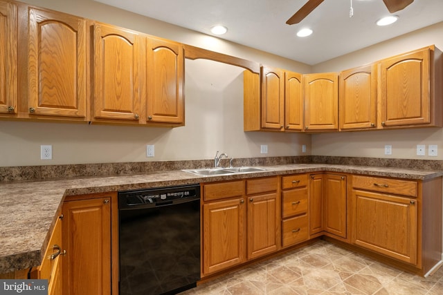 1389 Chami Dr Unit 171, Spring Grove, PA 17362 - kitchen with black dishwasher, a sink, ceiling fan, brown cabinetry, and recessed lighting