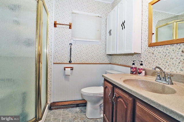 827 Rogers St, Lanoka Harbor, NJ 08734 - bathroom with wallpapered walls, a stall shower, vanity, wainscoting, and toilet