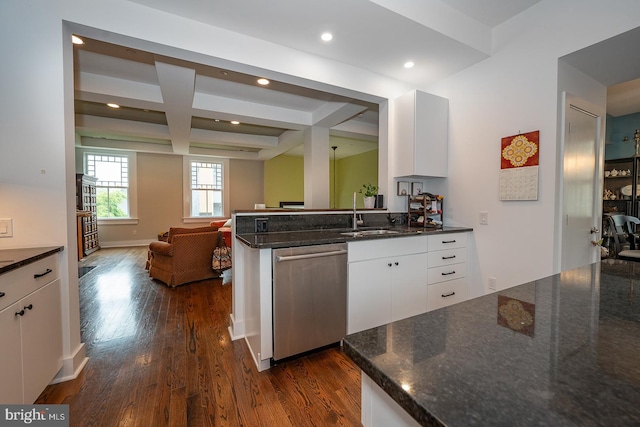 206 Price Ave Unit 2, Narberth, PA 19072 - kitchen with stainless steel dishwasher, a sink, dark wood finished floors, white cabinetry, and coffered ceiling