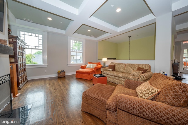 206 Price Ave Unit 2, Narberth, PA 19072 - living room with coffered ceiling, wood finished floors, baseboards, beamed ceiling, and recessed lighting