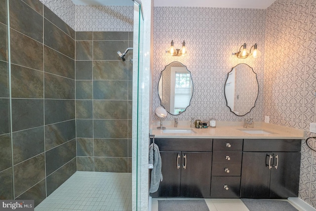 206 Price Ave Unit 2, Narberth, PA 19072 - full bath featuring double vanity, a tile shower, and wallpapered walls