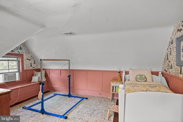 101 Warren Ave, Sewell, NJ 08080 - bedroom with vaulted ceiling, wainscoting, wallpapered walls, and cooling unit