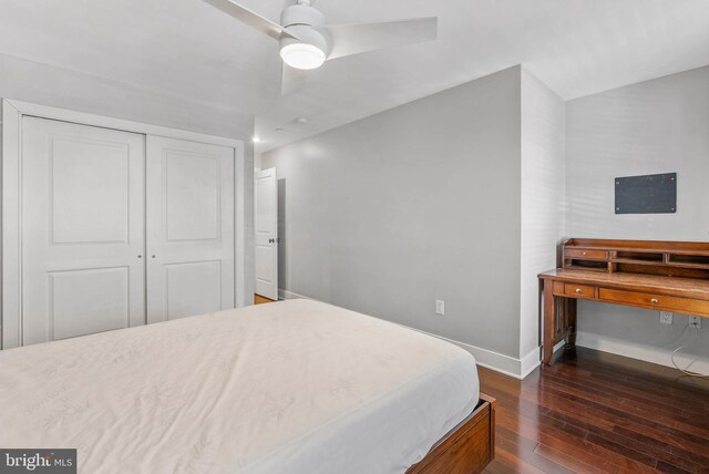 1522 Race St Unit 1, Philadelphia, PA 19102 - bedroom with dark wood-style flooring, a closet, baseboards, and a ceiling fan