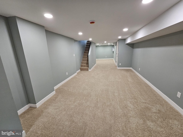 6022 N Lambert St, Philadelphia, PA 19138 - finished basement with light colored carpet, stairway, recessed lighting, and baseboards