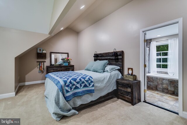 7001 Locust Ct, Owings, MD 20736 - bedroom with light carpet, vaulted ceiling, baseboards, and recessed lighting