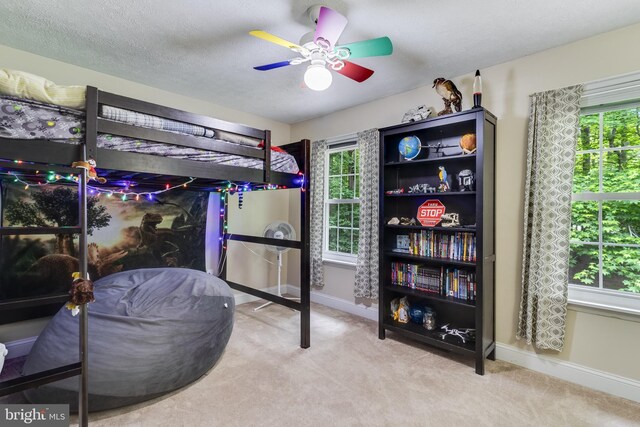 7001 Locust Ct, Owings, MD 20736 - carpeted bedroom featuring multiple windows, baseboards, a textured ceiling, and a ceiling fan