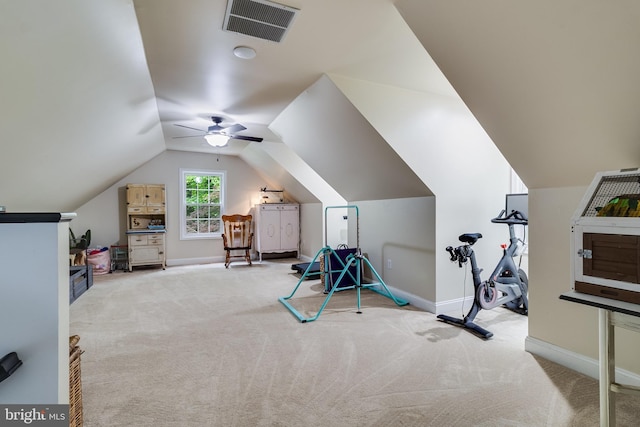 7001 Locust Ct, Owings, MD 20736 - playroom with carpet, ceiling fan, baseboards, and vaulted ceiling