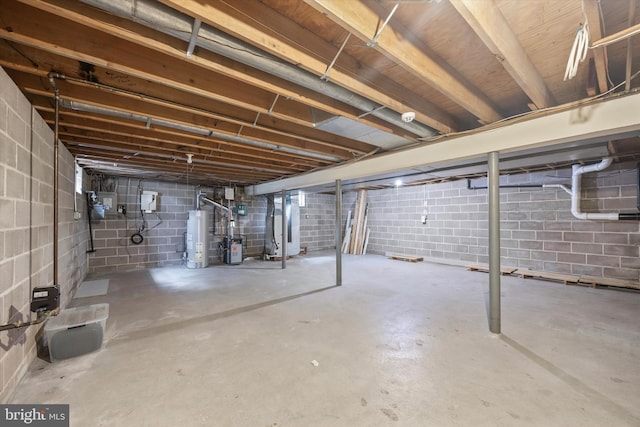 151 W Meade St, Philadelphia, PA 19118 - unfinished basement featuring gas water heater, gas meter, and concrete block wall