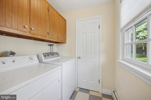 151 W Meade St, Philadelphia, PA 19118 - washroom featuring cabinet space, light floors, washer and clothes dryer, baseboards, and baseboard heating